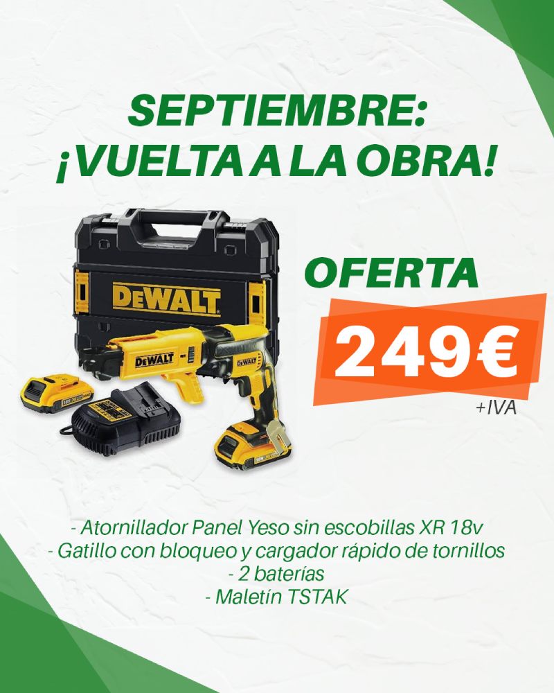 Imagen del Atornillador DeWalt XR 18V con oferta especial de 249€ + IVA, perfecta para profesionales de la construcción.