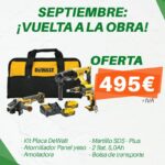 Imagen del Kit Placa DeWalt en oferta que incluye un atornillador, amoladora, martillo SDS-Plus y 2 baterías de 5,0Ah