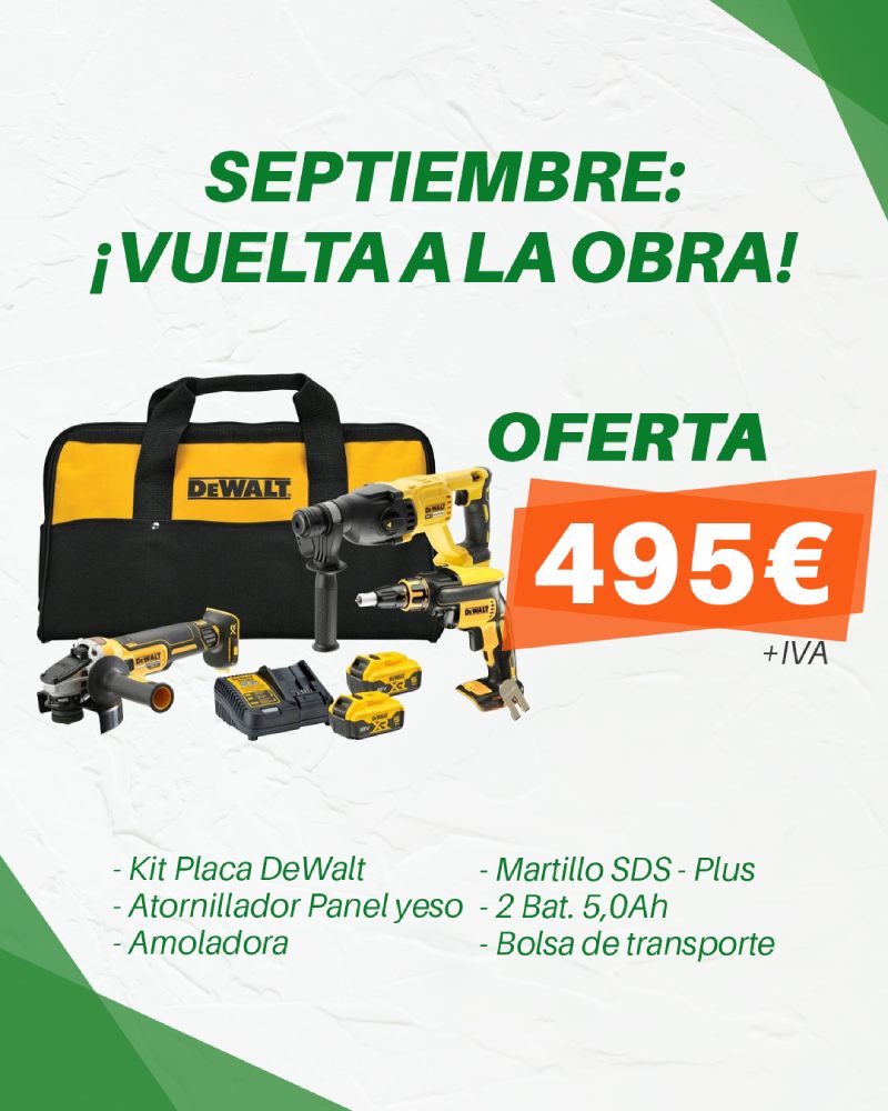 Imagen del Kit Placa DeWalt en oferta que incluye un atornillador, amoladora, martillo SDS-Plus y 2 baterías de 5,0Ah