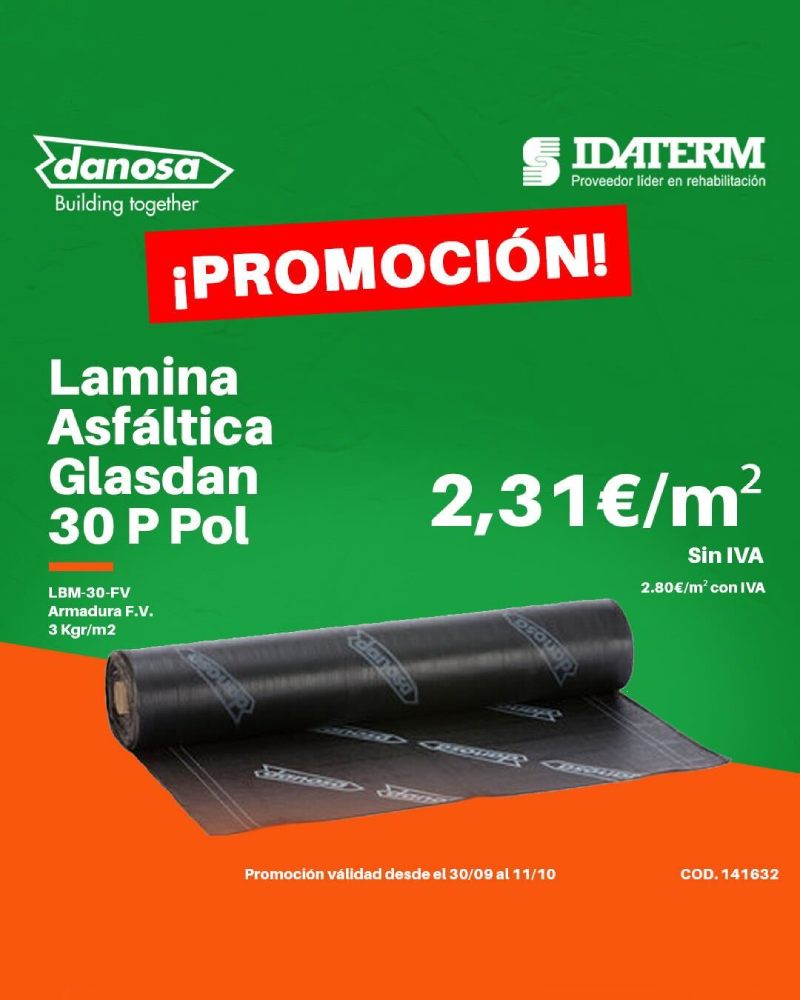 Promoción Glasdan 30 POL Danosa – Lámina impermeabilizante 2,31€/m² para profesionales de la construcción.