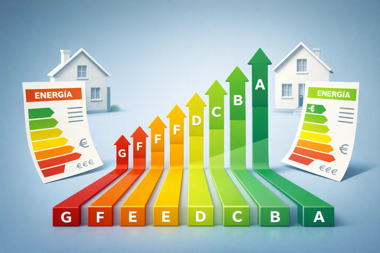 Infografía que muestra el incremento de la eficiencia energética de clase E a clase A, destacando un ahorro del 80 por ciento en el consumo de la vivienda