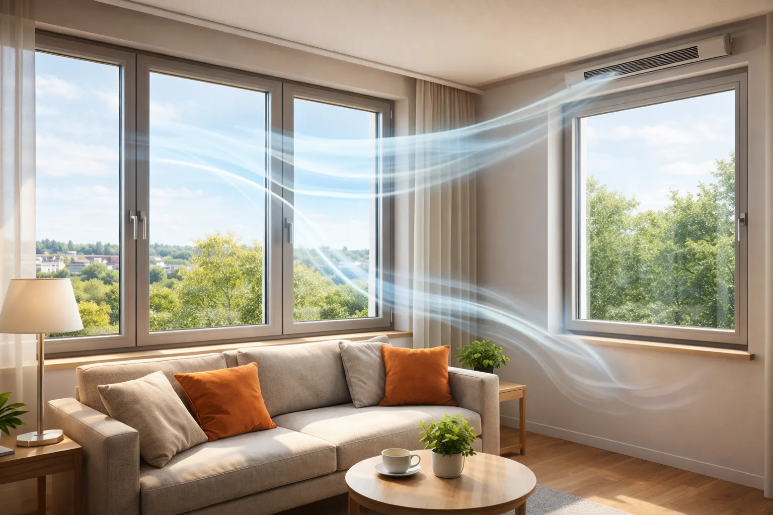 Salón moderno con flujo de aire fresco a través de ventanas abiertas que representan una ventilación eficiente y saludable en una vivienda.