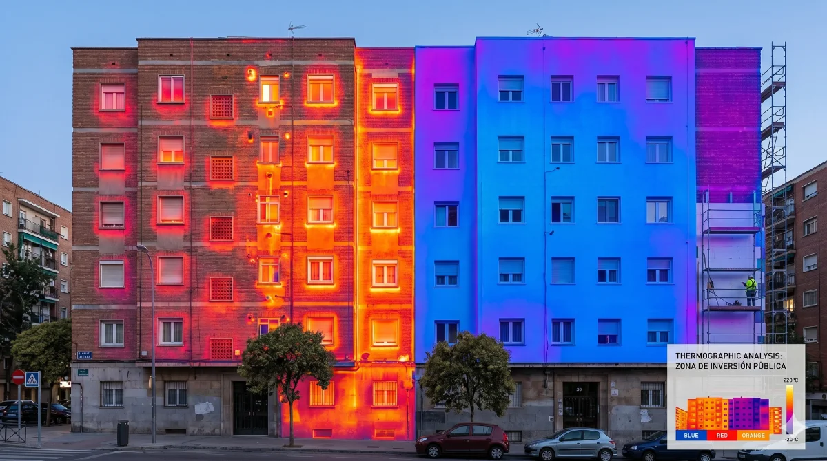 Edificio residencial en proceso de rehabilitación energética con instalación de placas de aislamiento SATE y andamios
