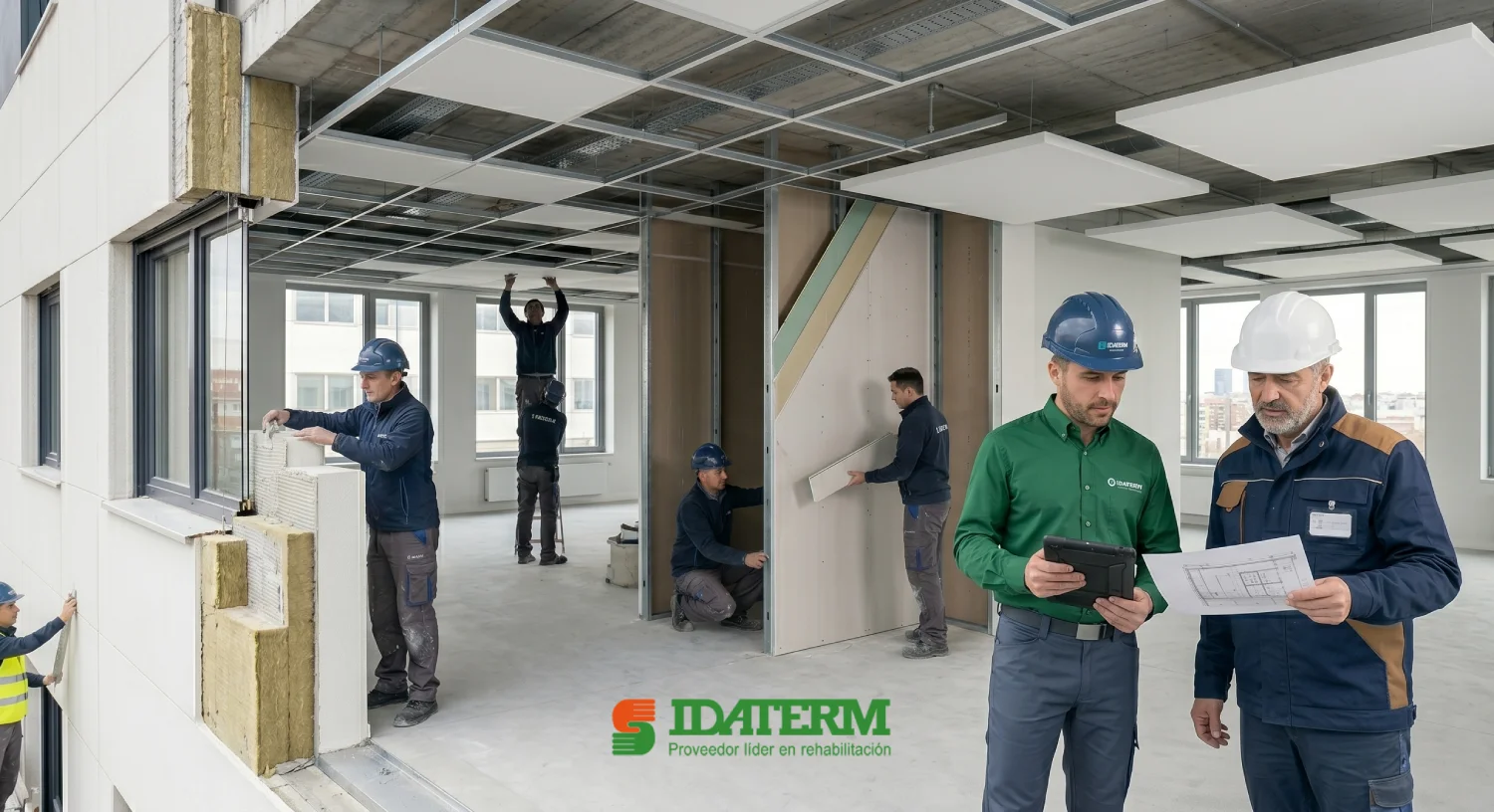 Técnico de Idaterm con camisa verde corporativa y tableta digital analizando planos junto a un jefe de obra en una edificación con instalación de SATE y techos acústicos suspendidos.