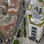 Comparativa aérea de rehabilitación energética urbana: edificio antiguo frente a edificio moderno con sistema SATE y eficiencia energética