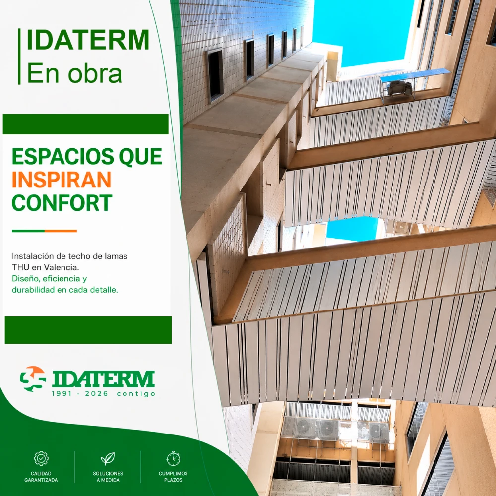 Instalación de techo de lamas THU en obra residencial de Valencia suministrado por Idaterm