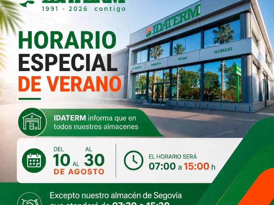 Horario especial de verano 2026 en IDATERM: Planifica tus pedidos y suministros de obra