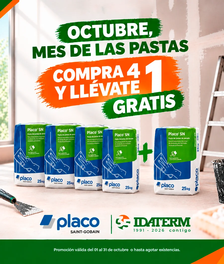 Promoción 4+1 Gratis en Pastas de Secado Placo SN (Sacos 25 kg) Promocion en sacos de pasta de juntas de secado Placo SN en almacenes Idaterm