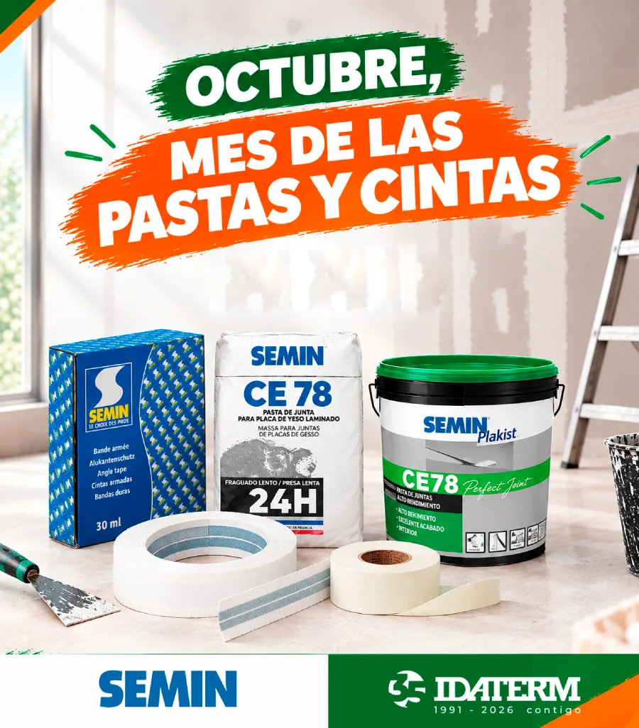 Gama Completa SEMIN en Promoción: Pastas CE 78, Plakist y Cintas Armadas Texto ALT (SEO): Promocion 4 mas 1 gratis en pastas de juntas Placo y Semin en almacenes Idaterm